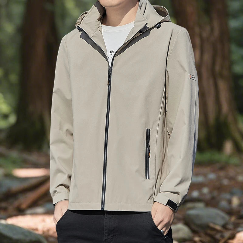Hiking Jacket for Men Waterproof Lightweight Softshell Jacket Men with Removable Hood and Zipper Pocket Spring Camping Clothes