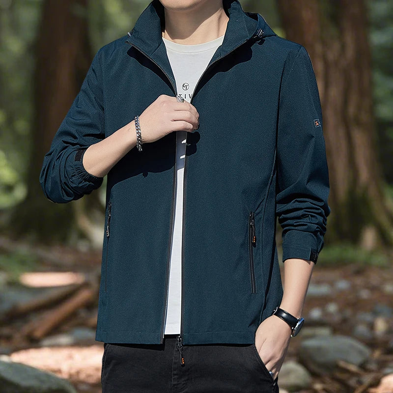 Hiking Jacket for Men Waterproof Lightweight Softshell Jacket Men with Removable Hood and Zipper Pocket Spring Camping Clothes