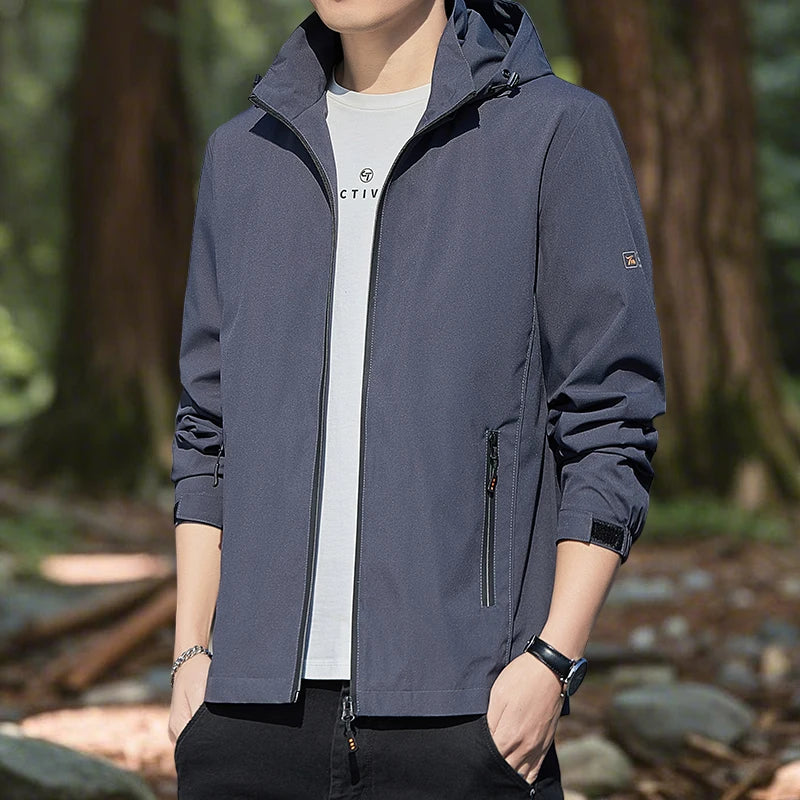 Hiking Jacket for Men Waterproof Lightweight Softshell Jacket Men with Removable Hood and Zipper Pocket Spring Camping Clothes