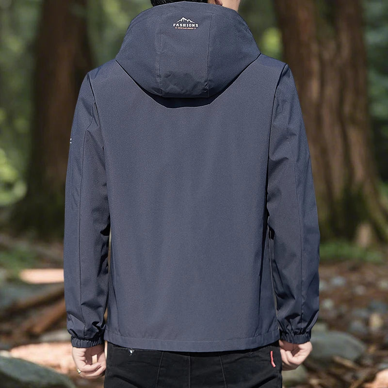 Hiking Jacket for Men Waterproof Lightweight Softshell Jacket Men with Removable Hood and Zipper Pocket Spring Camping Clothes