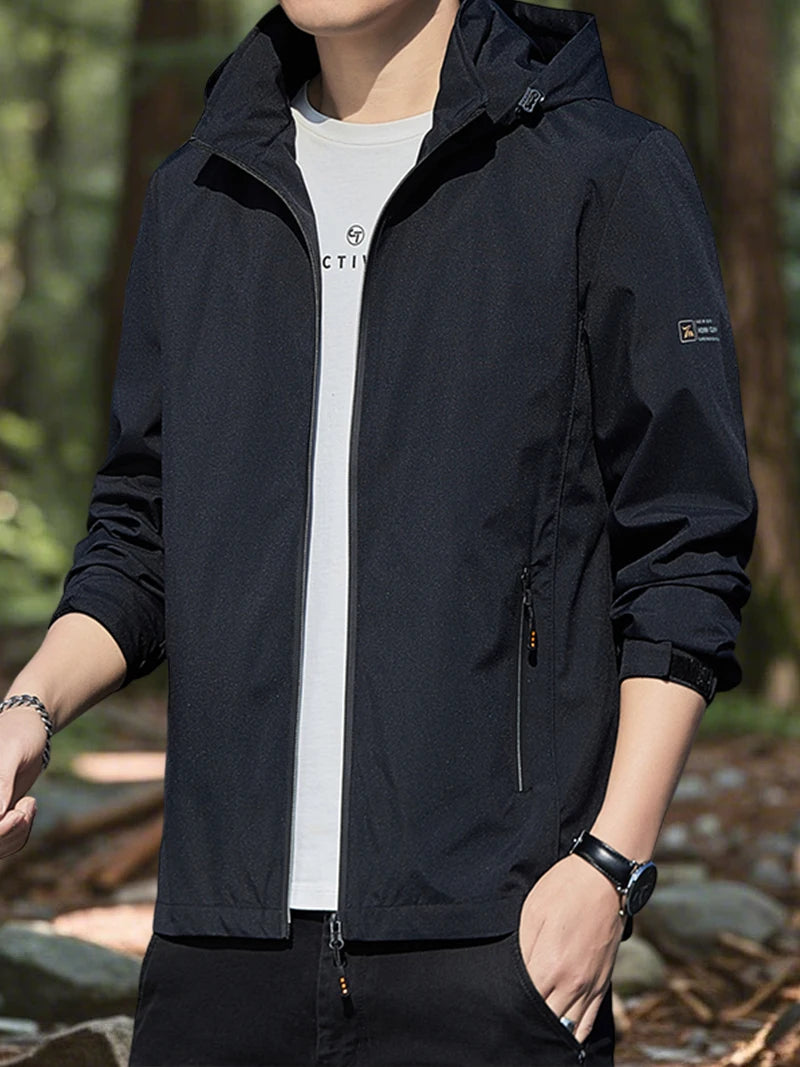 Hiking Jacket for Men Waterproof Lightweight Softshell Jacket Men with Removable Hood and Zipper Pocket Spring Camping Clothes