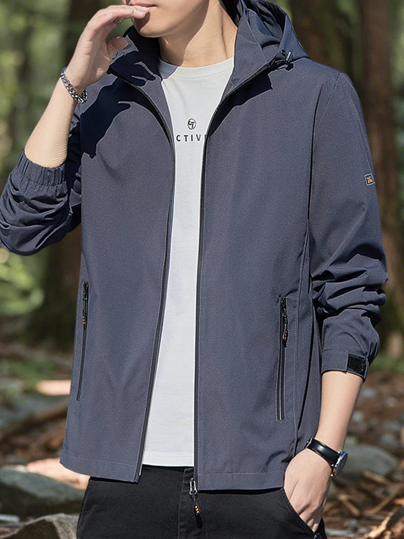 Hiking Jacket for Men Waterproof Lightweight Softshell Jacket Men with Removable Hood and Zipper Pocket Spring Camping Clothes
