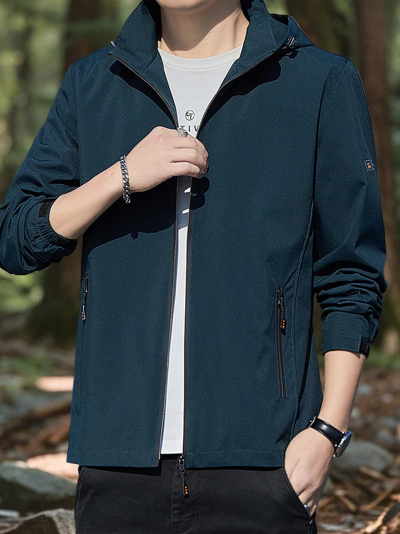 Hiking Jacket for Men Waterproof Lightweight Softshell Jacket Men with Removable Hood and Zipper Pocket Spring Camping Clothes