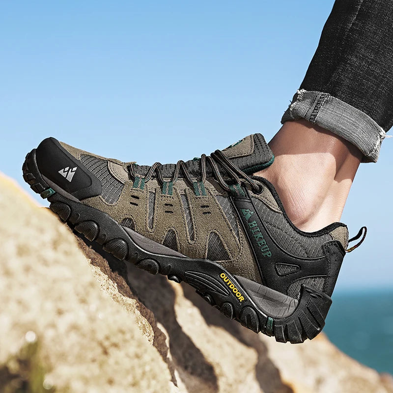 HIKEUP Men's hiking shoes Mountain trekking outdoor shoes Wear-resistant Men walking Suede leather High quality fashion sneakers