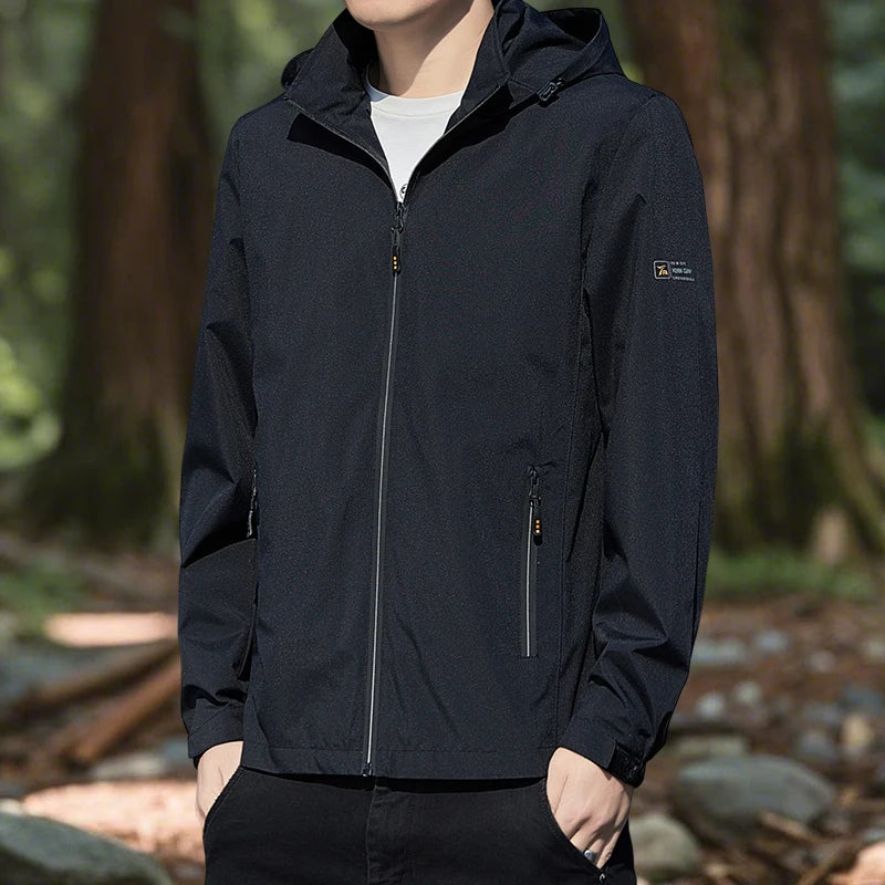 Hiking Jacket for Men Waterproof Lightweight Softshell Jacket Men with Removable Hood and Zipper Pocket Spring Camping Clothes