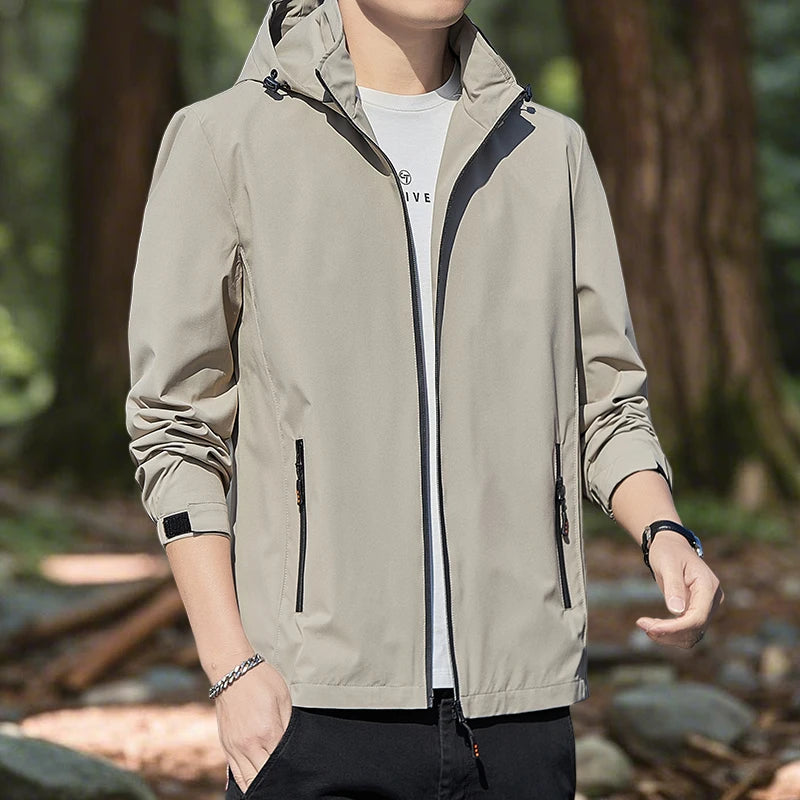 Hiking Jacket for Men Waterproof Lightweight Softshell Jacket Men with Removable Hood and Zipper Pocket Spring Camping Clothes