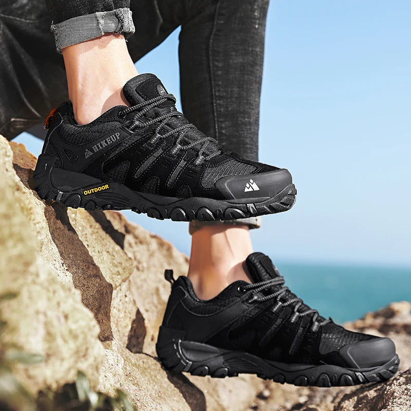 HIKEUP Men's hiking shoes Mountain trekking outdoor shoes Wear-resistant Men walking Suede leather High quality fashion sneakers