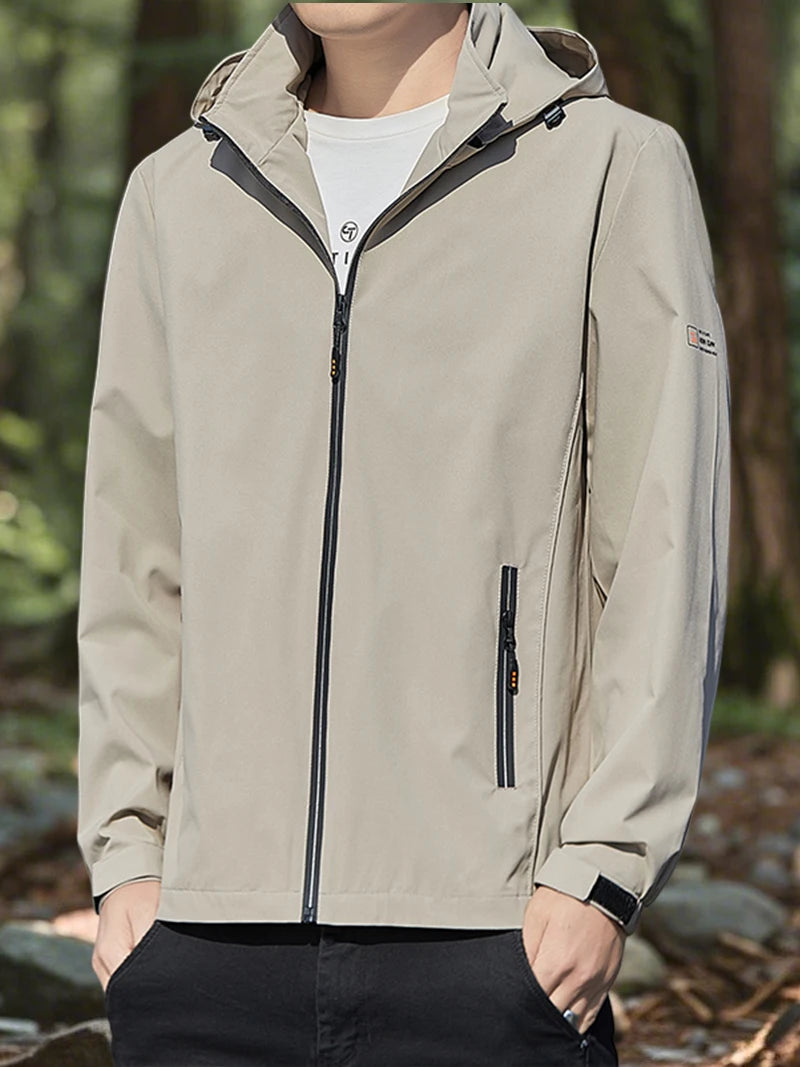 Hiking Jacket for Men Waterproof Lightweight Softshell Jacket Men with Removable Hood and Zipper Pocket Spring Camping Clothes