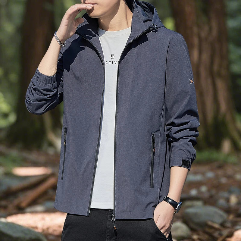 Hiking Jacket for Men Waterproof Lightweight Softshell Jacket Men with Removable Hood and Zipper Pocket Spring Camping Clothes