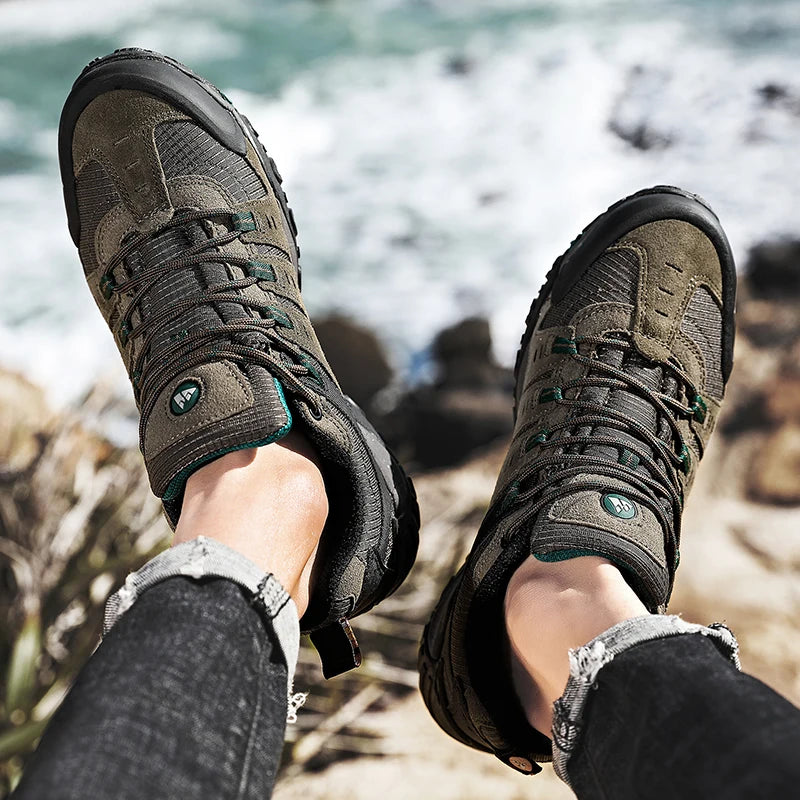 HIKEUP Men's hiking shoes Mountain trekking outdoor shoes Wear-resistant Men walking Suede leather High quality fashion sneakers