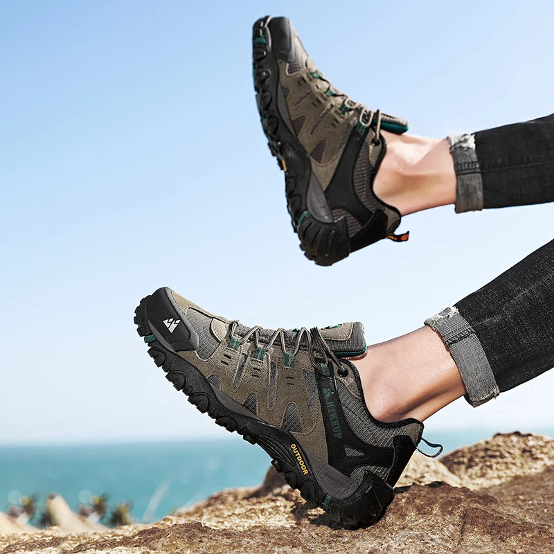 HIKEUP Men's hiking shoes Mountain trekking outdoor shoes Wear-resistant Men walking Suede leather High quality fashion sneakers