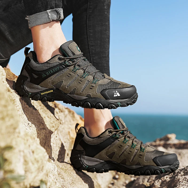 HIKEUP Men's hiking shoes Mountain trekking outdoor shoes Wear-resistant Men walking Suede leather High quality fashion sneakers