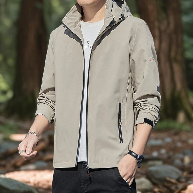 Hiking Jacket for Men Waterproof Lightweight Softshell Jacket Men with Removable Hood and Zipper Pocket Spring Camping Clothes