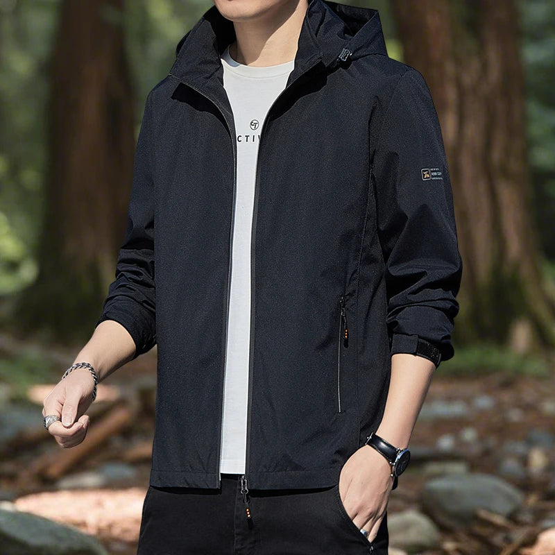 Hiking Jacket for Men Waterproof Lightweight Softshell Jacket Men with Removable Hood and Zipper Pocket Spring Camping Clothes