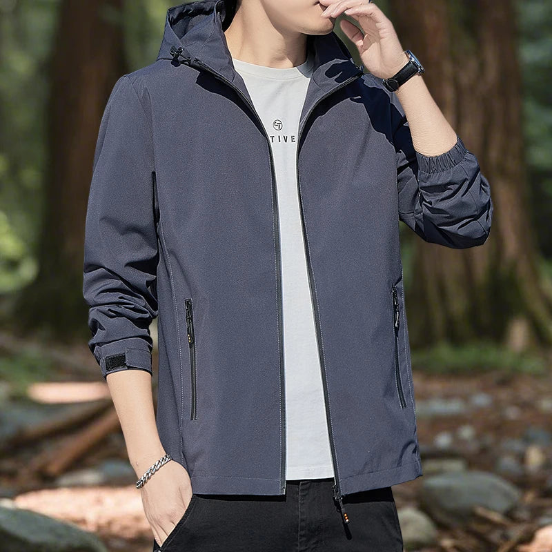 Hiking Jacket for Men Waterproof Lightweight Softshell Jacket Men with Removable Hood and Zipper Pocket Spring Camping Clothes