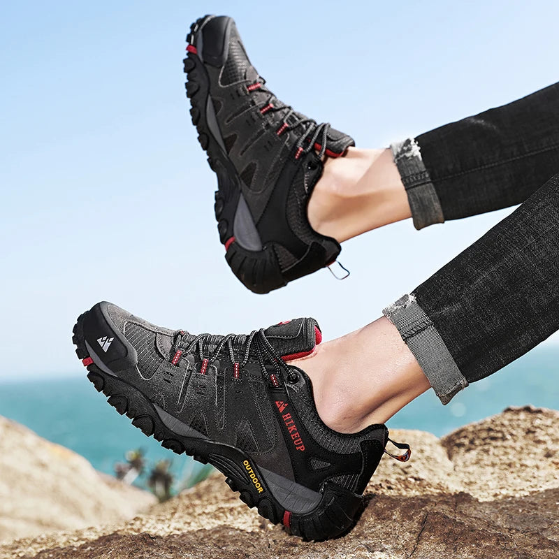 HIKEUP Men's hiking shoes Mountain trekking outdoor shoes Wear-resistant Men walking Suede leather High quality fashion sneakers