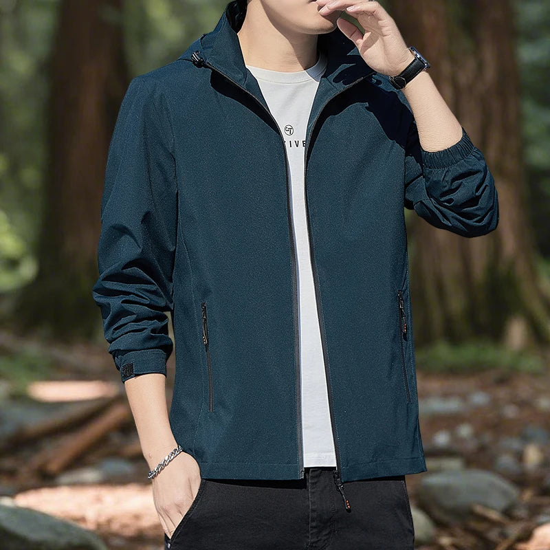 Hiking Jacket for Men Waterproof Lightweight Softshell Jacket Men with Removable Hood and Zipper Pocket Spring Camping Clothes